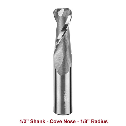 Ultra-Shear Cove Nose CNC Router Bits 1/2 SH | 1/8 Radius | 2 Flute | Solid Carbide | Flat Bottom & Curved Edge - US5018CN