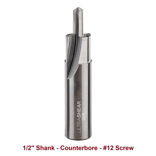 Ultra-Shear Counterbore & Screw Slot Router Bit 1/2 SH | #12 Screw | 2 Flute | Solid Carbide | USA Made - US512CB