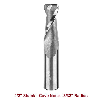 Ultra-Shear Cove Nose CNC Router Bits 1/2 SH | 3/32 Radius | 2 Flute | Solid Carbide | Flat Bottom & Curved Edge - US5332CN
