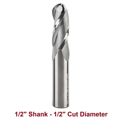 Ultra-Shear Ball Nose CNC Router Bits 1/2 SH | 1/2 CD | 1 CL | 3 FL, Spiral, Solid Carbide - US5500BNU