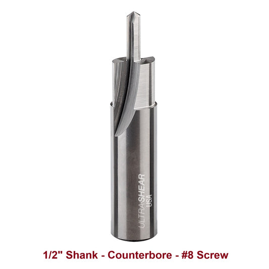 Ultra-Shear Counterbore & Screw Slot Router Bit 1/2 SH | #8 Screw | 2 Flute | Solid Carbide | USA Made - US58CB