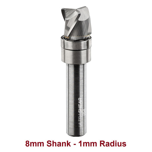 Ultra-Shear Bowl & Tray Router Bits, Compact, 1mm Radius | 8mm SH | 12mm CD | 10mm CL | 3 FL | Carbide Head - US8121BB