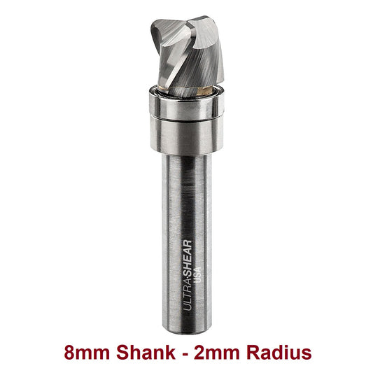 Ultra-Shear Bowl & Tray Router Bits, Compact, 2mm Radius | 8mm SH | 12mm CD | 10mm CL | 3 FL | Carbide Head - US8122BB