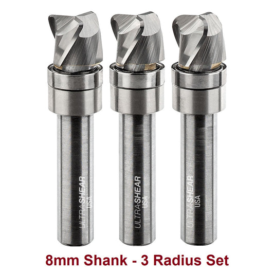 Ultra-Shear Bowl & Tray Router Bits, Compact Set | 8mm SH | 12mm CD | 10mm CL | 3 FL | Carbide Head - US812BB-3PC