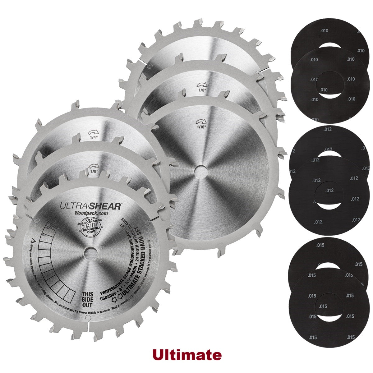 Ultra-Shear Ultimate Dado Stack Saw Blade 12 Piece Set | 8 Inch | 12-Tooth Chippers | 24-Tooth Blades | Magnetic Shims - USDADO8